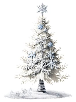 Snowy White Christmas Tree, dusted with faux snow and adorned with silver snowflakes, transparent background.