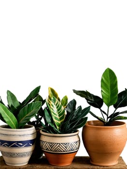 Pottery Collection Display of various pottery styles, each holding a different variety of zamioculcas.