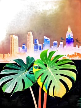 Colorful Canopy Double exposure image of a Monstera's leaves and a colorful city skyline.