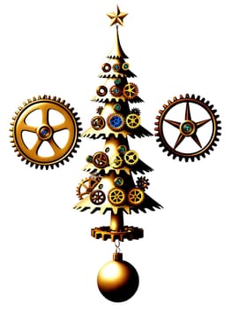 Steampunk Christmas Tree, decorated with gears, cogs, and metallic ornaments, transparent background.