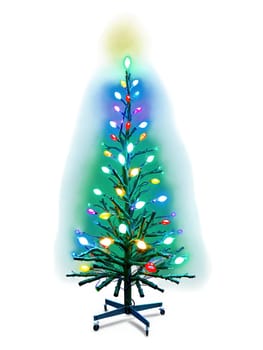 LED Christmas Tree bright LED light strands with colorful bulbs on lush green branches, vibrant and lively for dynamic advertisements.