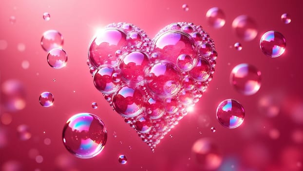 A heart made of bubbles is floating in the air. The bubbles are pink and the heart is the center of attention. Concept of joy and happiness, as the heart is a symbol of love and affection