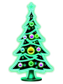 Neon Green Christmas Tree, adorned with glowing neon lights and futuristic ornaments, transparent background.