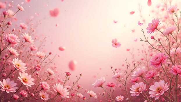 A pink background with flowers in the foreground
