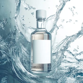 Transparent bottle filled with liquid is standing in the middle of a big splash of water, creating interesting shapes and reflections
