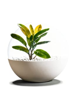 Artistic Zamioculcas in white ceramic sphere, dramatic shadows, spinning motion, commercial grade, isolated view