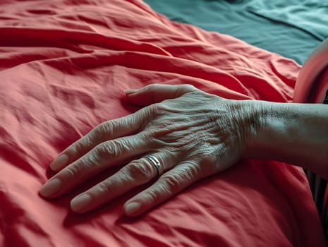 Close-up of an older person's hand with a silver ring resting on red fabric. The image highlights texture and natural light, evoking a sense of calm and simplicity.