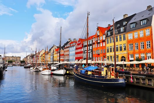 Nyhavn district in Copenhagen. City center panoramic view of colorful houses. Copenhagen, Denmark - September 10, 2023