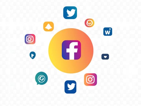 A collection of popular social media icons, including Facebook, Instagram, Twitter, and others, arranged in a circular pattern with a gradient background.