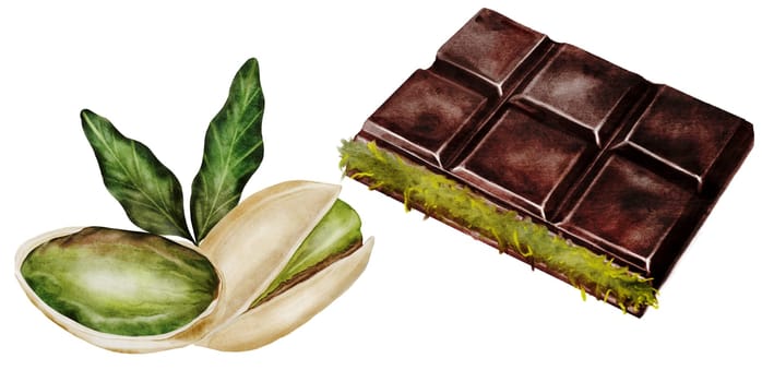 Chocolate Dubai watercolor set. Hand drawn dark chocolate bar filled with kataifi and pistachio paste on isolated white background. Clip art of sweet dessert. Ideal for logo and packaging of sweets, coffee shop menu and recipes. High quality illustration