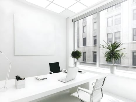 Bright and minimalist office space with a white desk, chairs, and decor. Large windows provide natural light and a view of city buildings, creating a clean and professional atmosphere.