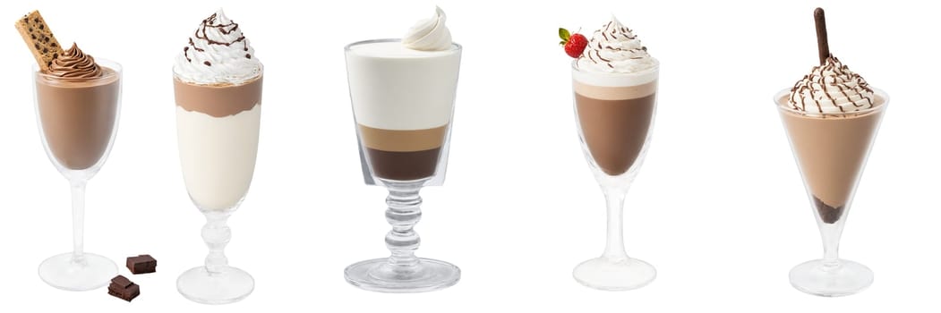 Five coffee-based drinks; two in tall glasses, one in a martini glass, one in a coupe, and one in a stemmed glass; all topped with whipped cream.