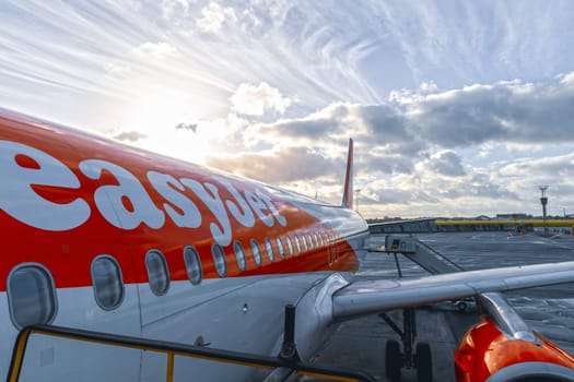 Easy Jet plane parked at Copenhagen airport. Copenhagen, Denmark - November 10, 2024