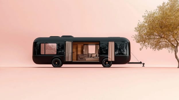 Sleek black camper van is parked in a field, its door open to reveal a cozy interior, inviting you to experience the freedom of the open road