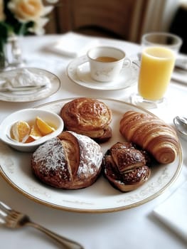 A breakfast table featuring a selection of pastries, a bowl of orange slices, a cup of tea, and a glass of orange juice. The elegant setup includes fine china and warm natural lighting.
