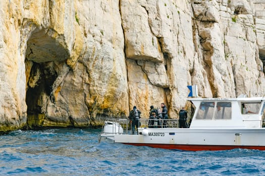 Marseille, France, June 09, 202, Scuba divers on boat school. High quality photo