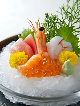 A beautifully arranged sashimi platter featuring fresh shrimp, salmon roe, tuna, and squid on crushed ice. Garnished with herbs, yellow flowers, and wasabi for a refined presentation.