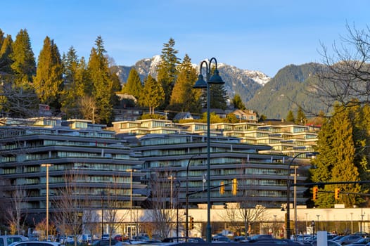 Luxury apartments residential complex and market place on winter season in North Vancouver