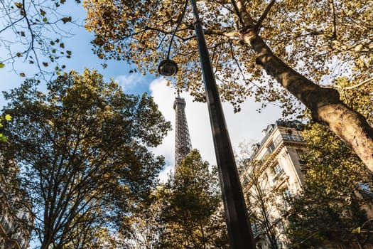 The view of Eiffel tower with blue sky. High quality photo