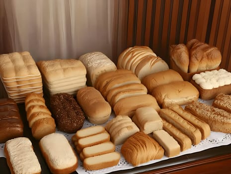 A variety of freshly baked bread loaves and slices arranged on a lace-covered table. Includes white, whole grain, and specialty breads in an inviting and rustic setting.