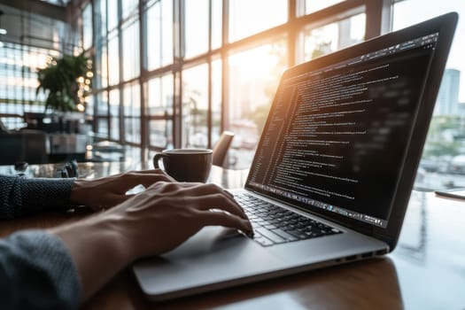 A professional web developer focuses on coding at a sleek laptop in a modern office setting, surrounded by natural light and a serene atmosphere, enhancing productivity.