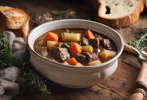 Comforting Bowl of Beef Stew and Crusty Bread in a Rustic Cabin Setting
