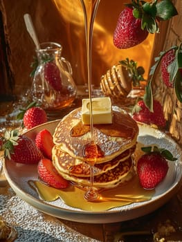 Delicious pancakes topped with butter and drizzled with syrup, served with fresh strawberries. Warm golden lighting enhances the appetizing presentation in a rustic setting.