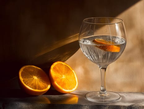A glass of sparkling water with orange slices, beautifully lit by warm sunlight. Two fresh orange halves sit beside the glass, creating a simple yet elegant composition.