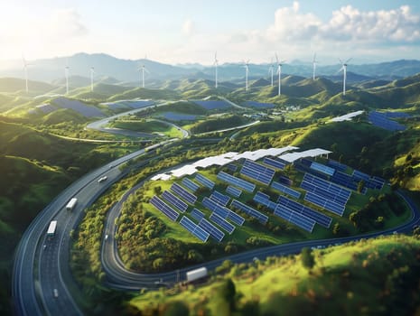 Aerial view of solar panels and wind turbines spread across rolling green hills, surrounded by winding roads and a bright, sunny sky. A sustainable energy concept.