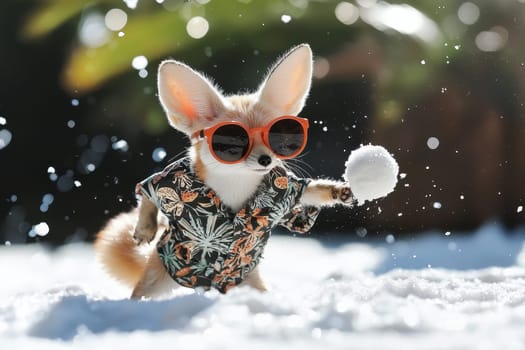 A cute fennec fox wearing oversized sunglasses joyfully plays in the snow, creating a cheerful holiday atmosphere. This vibrant scene captures the playful spirit of the fox amid falling snowflakes.