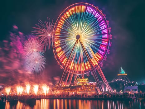 A brightly lit Ferris wheel glowing with colorful lights at night, surrounded by dazzling fireworks and reflections in the water. A festive atmosphere in a vibrant amusement park.
