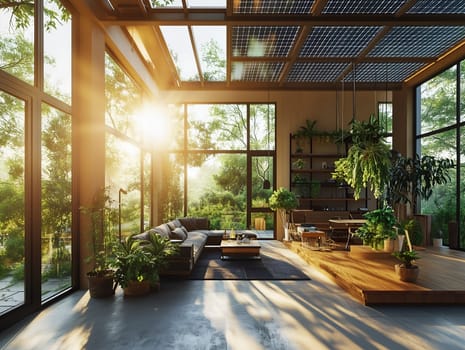 A spacious, sunlit living room with floor-to-ceiling windows, lush indoor plants, and solar panels on the ceiling. The modern interior blends seamlessly with nature.
