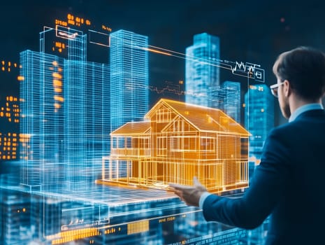 A professional in a suit examining a holographic 3D house model, surrounded by futuristic city buildings and digital data. A concept of modern architecture and technology.