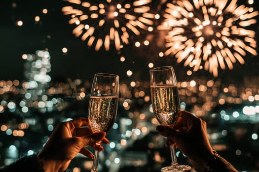 Celebrate New Year's Eve on a stunning rooftop with sparkling champagne glasses and vibrant fireworks illuminating the city skyline. Enjoy the festive atmosphere!