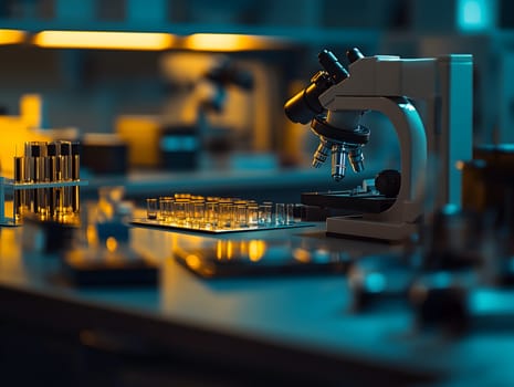 A close-up of a microscope and test tubes in a modern laboratory. The warm and cool lighting highlights the scientific workspace, creating a focused and professional atmosphere.