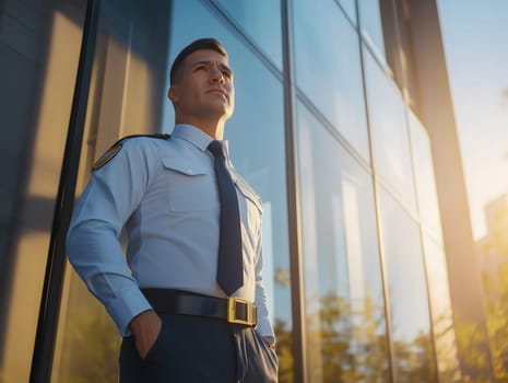 A security guard in uniform stands confidently outside a modern glass building during sunset. His professional posture and the warm light highlight his dedication and authority.