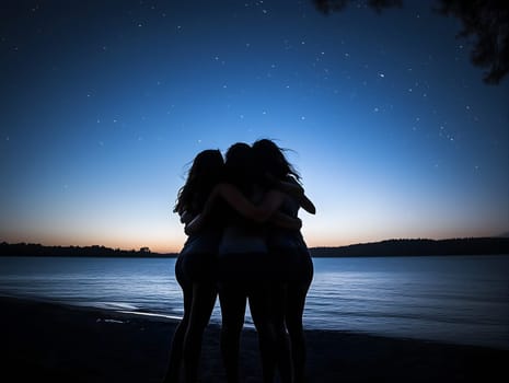 Silhouette of three friends sitting on rocks by a lake, embracing as they watch a dramatic sunset. Trees frame the serene scene, with vibrant clouds and peaceful water.