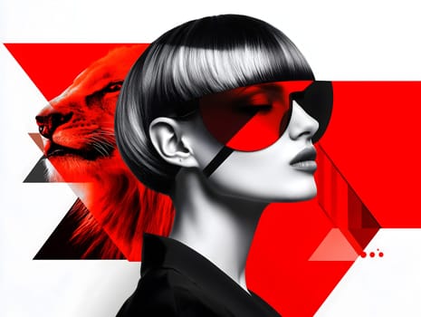 A stylish woman in sleek sunglasses and a bold haircut juxtaposed with a red lion graphic and geometric shapes. The image blends fashion, power, and modern design elements.