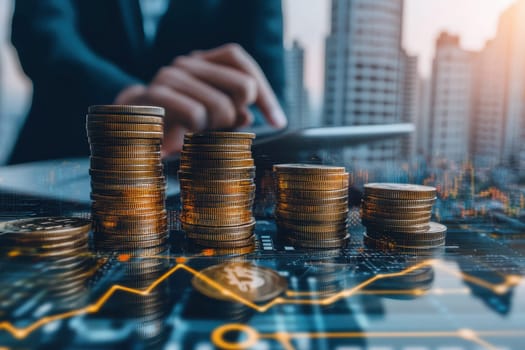 A professional setting showcasing stacks of coins representing financial growth and value creation through technology. The backdrop features a modern cityscape.