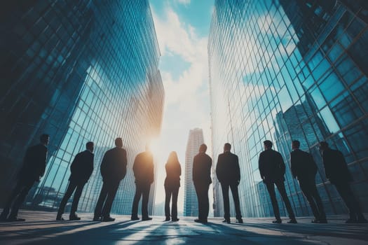 A captivating image featuring silhouettes of business professionals standing between tall glass skyscrapers under a bright sky.