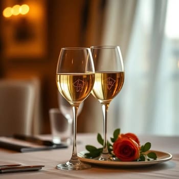 glasses champagne wine red fish on plate drink and food holiday new year. High quality photo