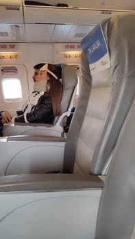 15 October 2024 Tel-Aviv Israel Ben Gurion airport. Passengers airplane seats. High quality photo