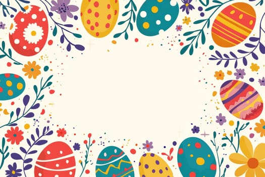 Brightly decorated easter card template featuring cheerful multicolored eggs, confetti, and flowers circling a blank area for text. this vibrant and lively design celebrates the holiday spirit, ideal for greeting cards and festive invitations.