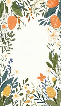 Easter card template featuring a refreshing garden-inspired design. lush floral illustrations frame a central blank text area, perfect for personalized messages. the earthy color palette and botanical elements evoke a sense of spring renewal.
