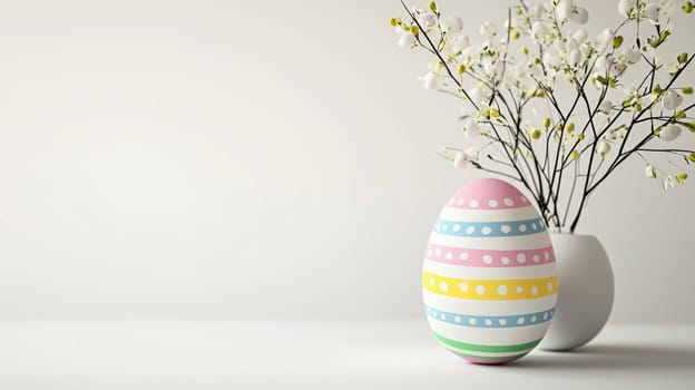 Sleek and modern easter greeting card template featuring a minimalist white background. includes a single colorful egg with vibrant patterns and an elegant space for introducing an easter message. perfect for festive print and digital use.