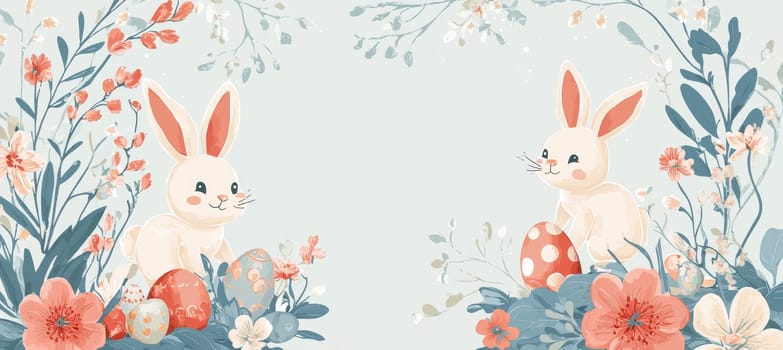 Whimsical easter card design featuring playful cartoon bunnies and colorful eggs surrounded by pastel flowers. ideal for children's holiday greetings, this template includes a blank center space for personalized messages.