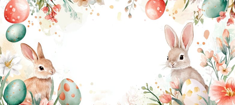Watercolor painted bunnies and easter eggs frame a blank text area surrounded by pastel flowers and foliage. soft brushstrokes and gentle colors create a charming easter celebration theme, ideal for greeting cards or festive designs.