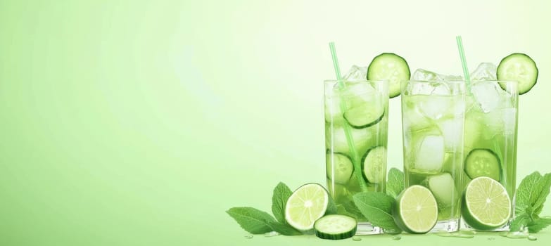 Iced green tea in tall glasses with cucumber and lime slices. a vibrant, refreshing banner ideal for wellness themes, featuring a bright palette and ample space for text or messaging, perfect for promotional or design purposes.