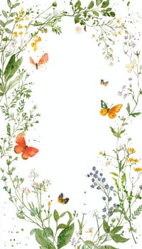 Celebrate easter with a nature-inspired card featuring a delicate wreath of spring flowers, greenery, and vibrant butterflies. this fresh and natural design offers a blank space at the center, ideal for personalized text and perfect for print projects.