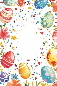 Blank text space surrounded by vibrant hand-painted easter eggs, confetti, and colorful spring flowers on a light blue background. this cheerful and festive design is ideal for easter greeting cards, invitations, or seasonal decorations.